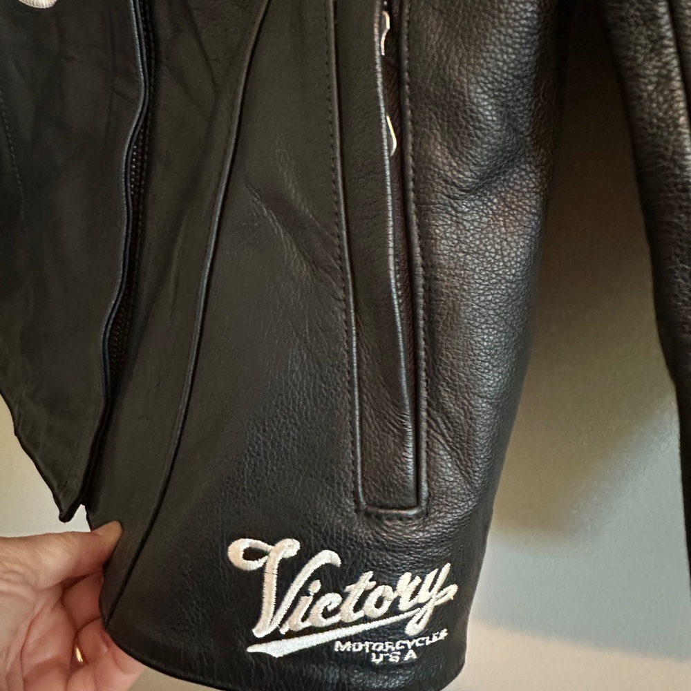 Pure Victory Black Leather Jacket with White embroidered Detailing - Picture 3 of 16
